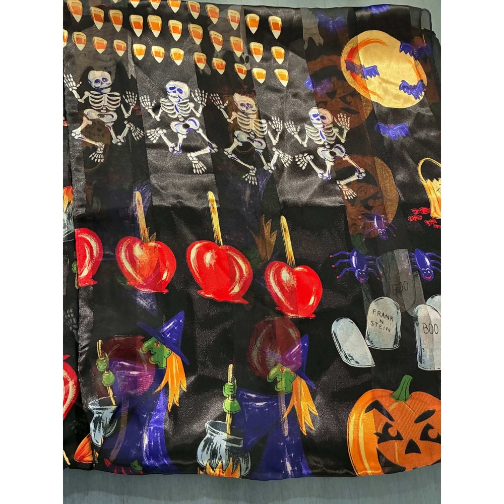 Halloween Satin Table Runner Black Skeleton Ghost Pumpkin Witch Candy Corn
